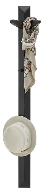 Schwarzes Garderobenpaneel mit Haken, darauf ein beiger Hut und ein gemusterter Schal, Frontalansicht