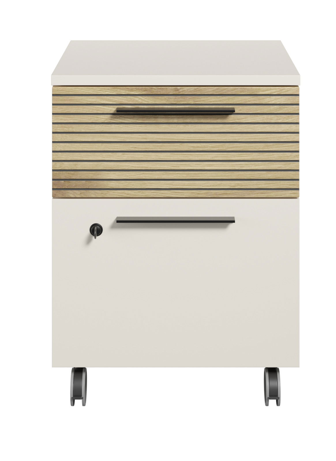 Rollcontainer mit zwei Schubladen, Frontansicht. Die obere Schublade hat eine Holzoptik mit horizontalen Linien, die untere ist schlicht weiß. Der Container steht auf Rollen.