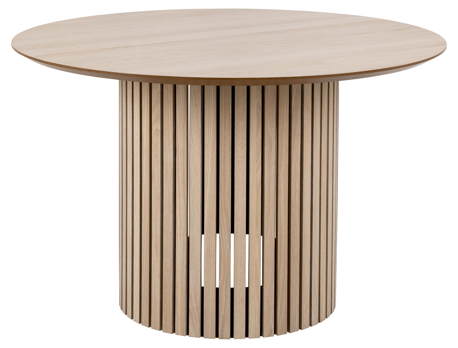 Z2 Esstisch rund LINLEY Runder Esstisch aus hellem Holz mit vertikalen Streben, seitliche Perspektive