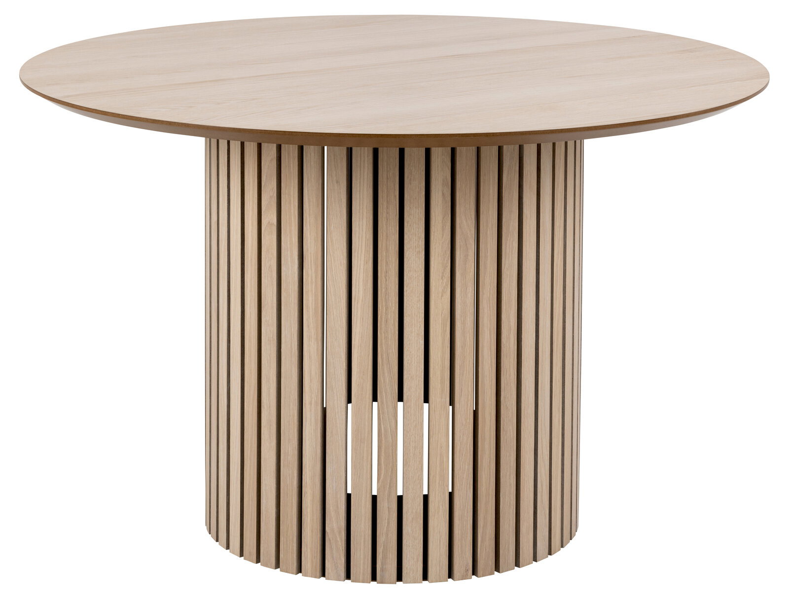 Runder Esstisch aus hellem Holz mit vertikalen Streben, seitliche Perspektive
