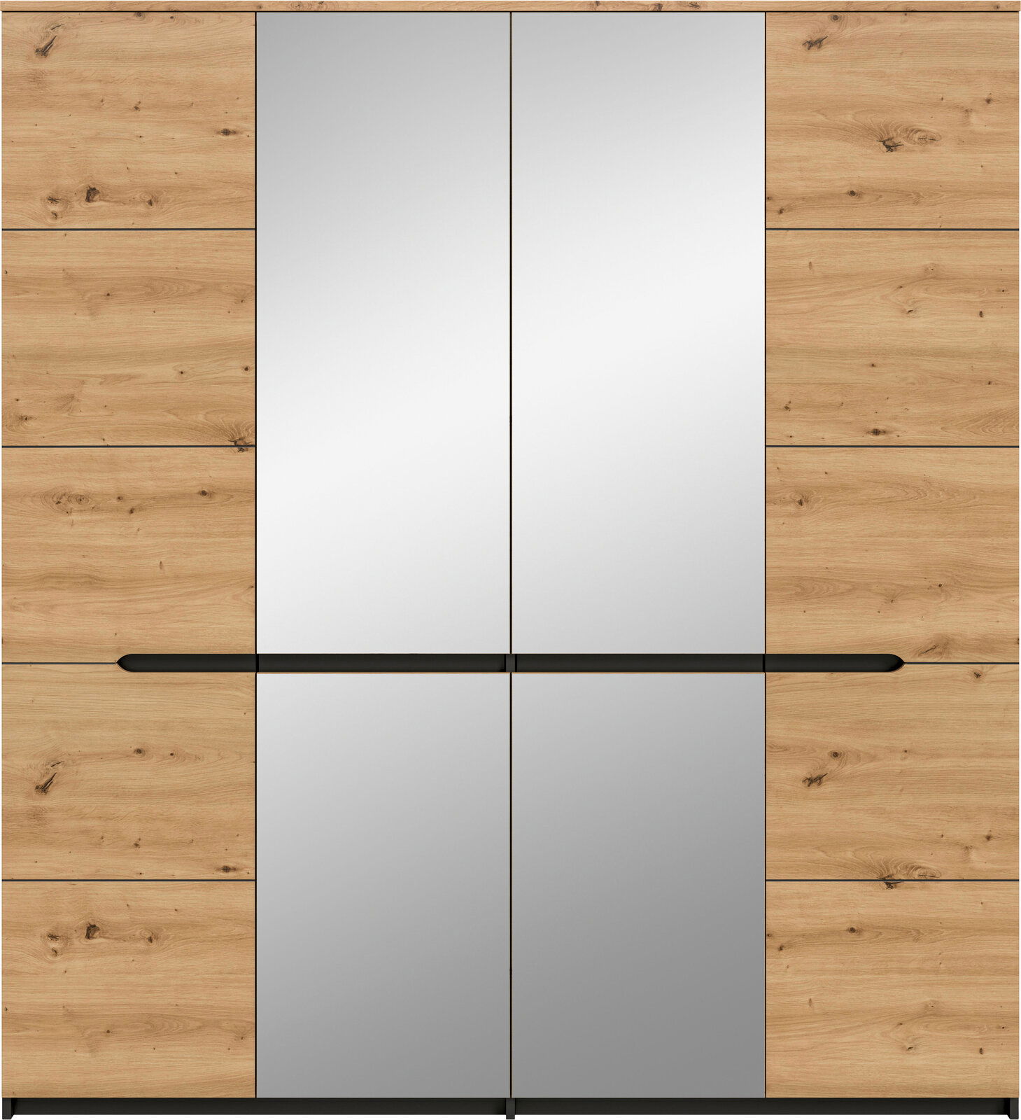 Frontansicht eines modernen Kleiderschranks mit zwei mittigen Spiegeltüren, seitlichen Holzpaneelen in Eichenoptik und durchgehendem schwarzen Griffband