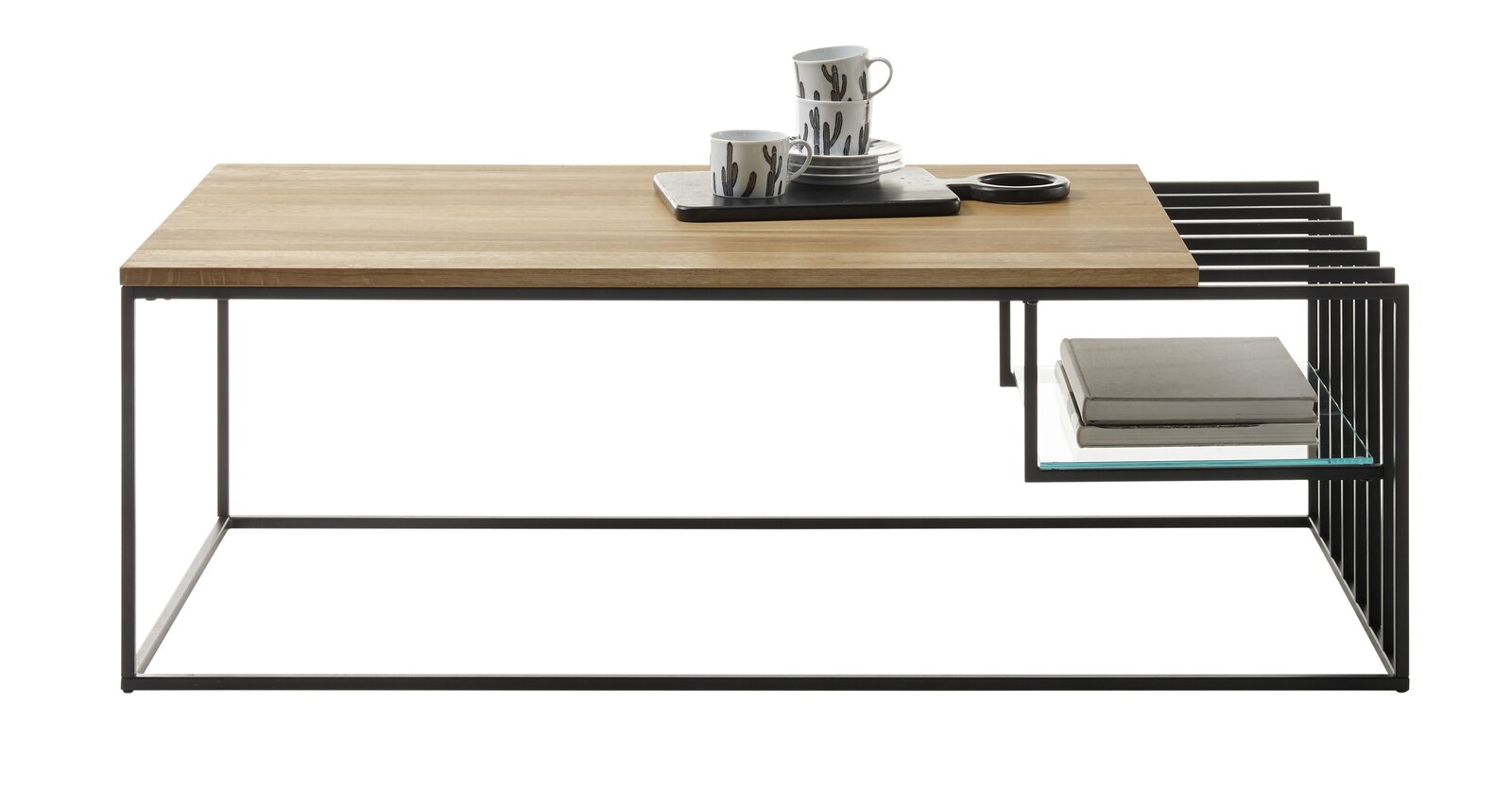 Moderner Couchtisch mit Holzplatte und Metallgestell, seitliche Perspektive