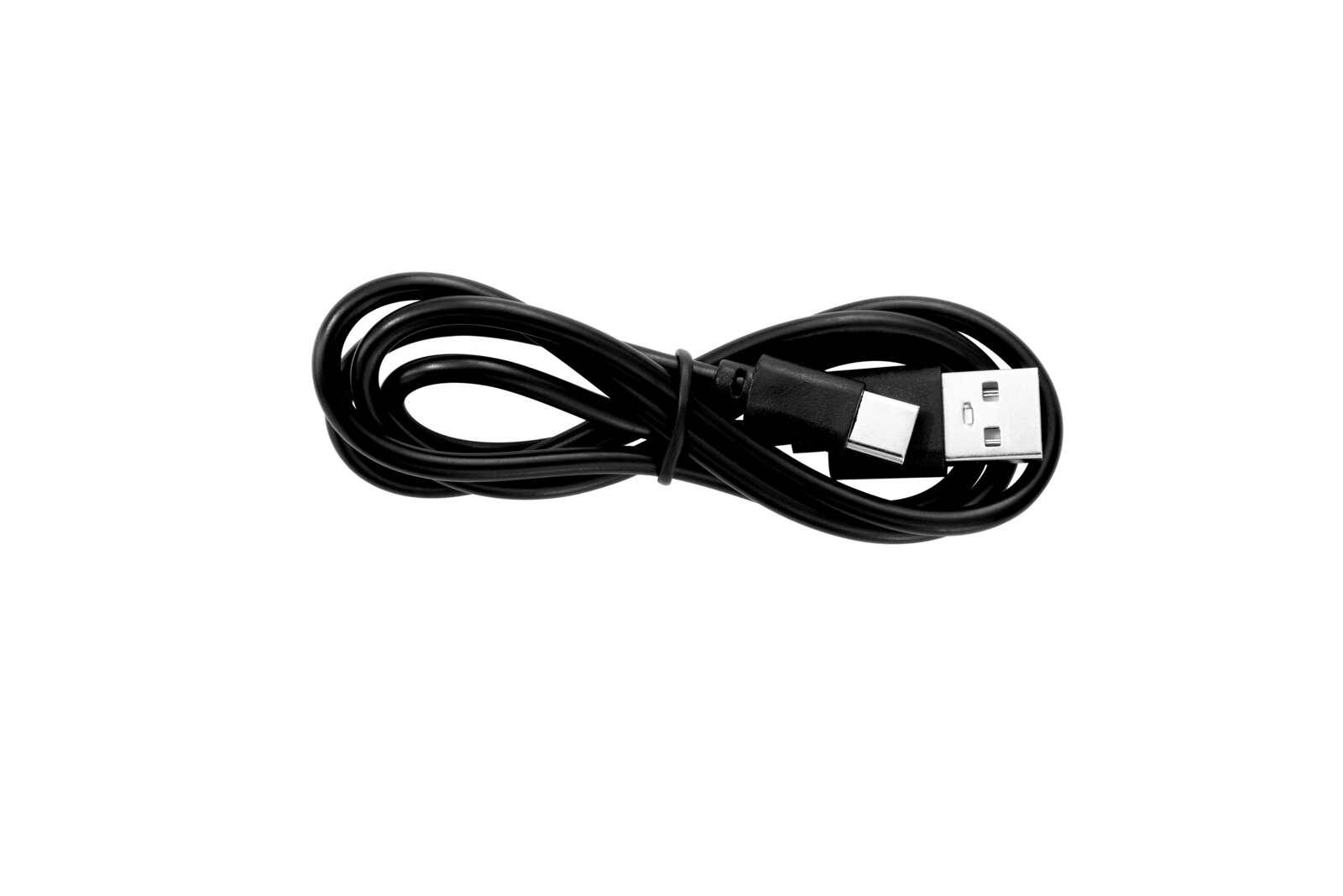 Zwarte USB-oplaadkabel, opgerold, bovenaanzicht