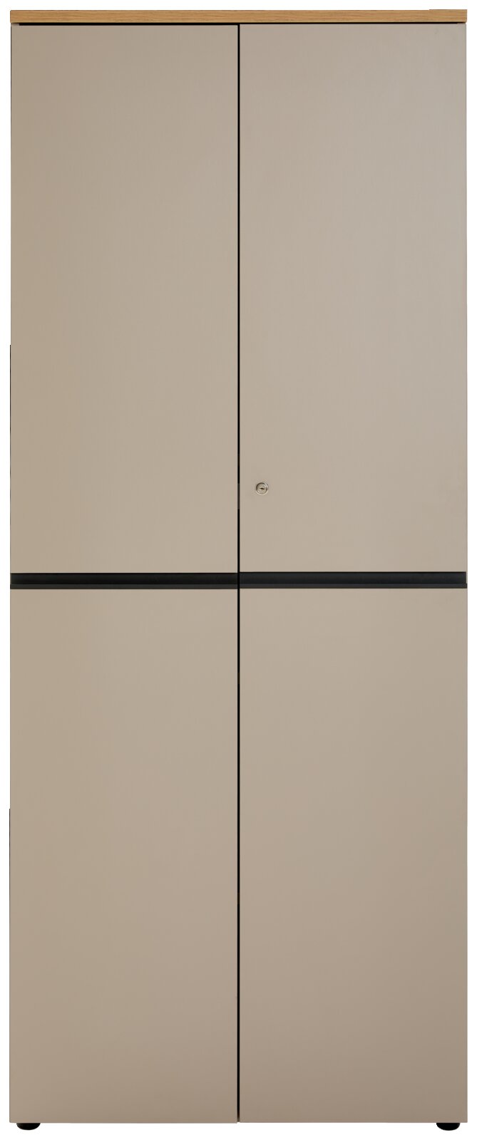Hoge archiefkast in beige met twee deuren, gefotografeerd vanaf de voorkant.