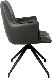 Dunkelgrauer, gepolsterter Armlehnstuhl in Lederoptik mit schwarzem Metall-Drehkreuzgestell, Seitenansicht von links