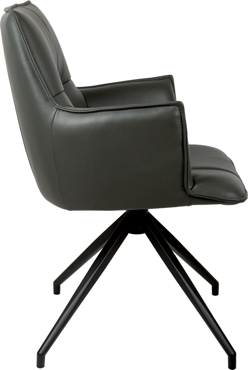 Donkergrijze, gestoffeerde fauteuil in leerlook met een zwart metalen draaivoet, zijaanzicht vanaf links