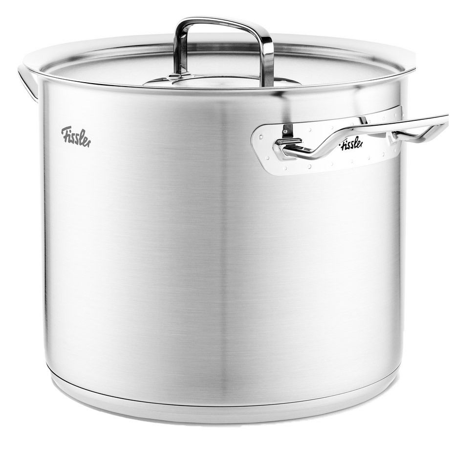 Hoher Kochtopf aus Metall, 24 cm, mit Deckel und seitlichen Griffen, seitliche Perspektive