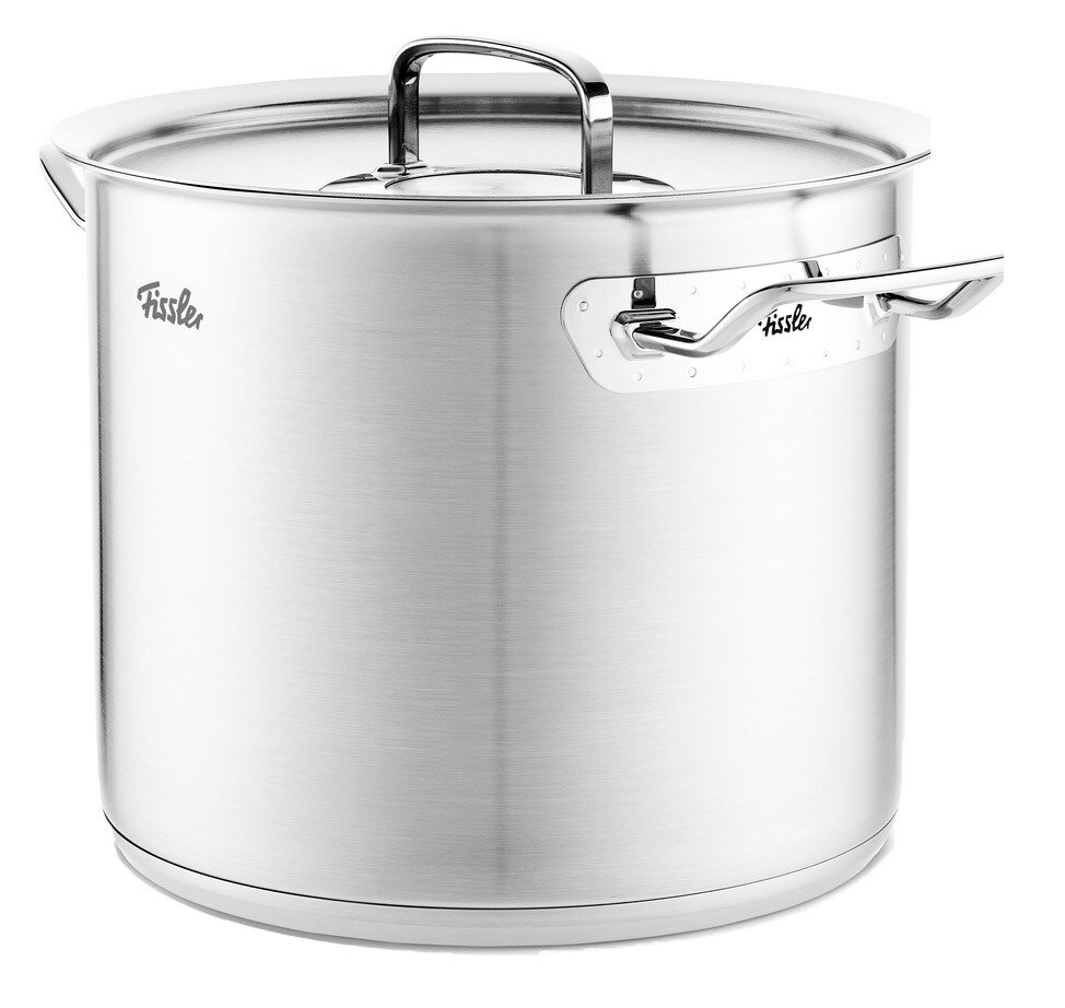 Hoher Kochtopf aus Metall, 24 cm, mit Deckel und seitlichen Griffen, seitliche Perspektive