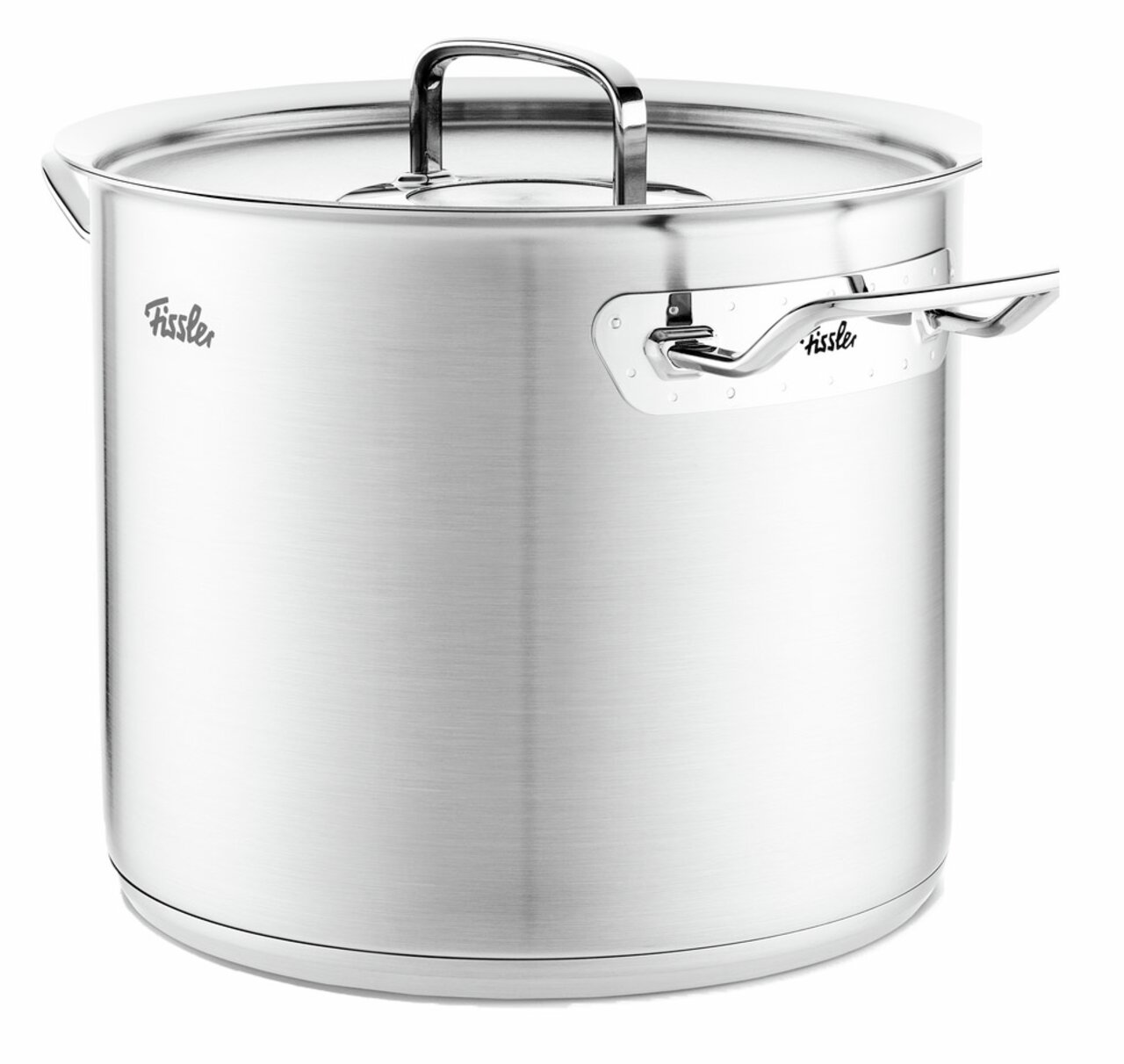 Hoher Kochtopf aus Metall, 24 cm, mit Deckel und seitlichen Griffen, seitliche Perspektive