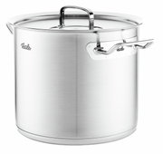 Hoher Kochtopf aus Metall, 24 cm, mit Deckel und seitlichen Griffen, seitliche Perspektive