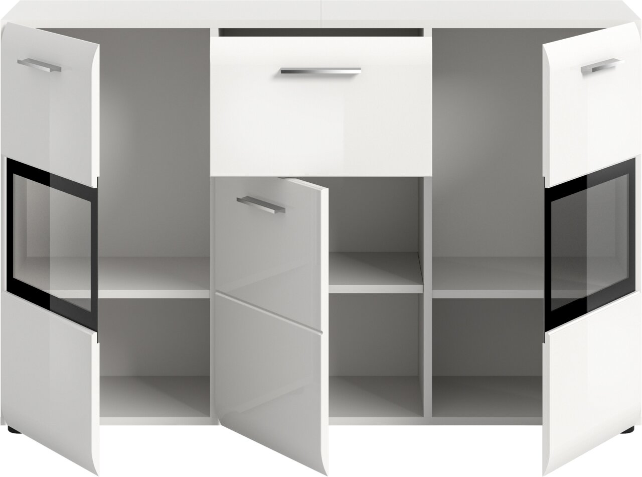 Weißer Schrank/Sideboard mit mehreren Fächern und Türen, mittlere Tür geöffnet, seitliche Glaseinsätze, Frontansicht in leichter Schrägperspektive von oben.