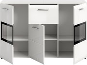 Weißer Schrank/Sideboard mit mehreren Fächern und Türen, mittlere Tür geöffnet, seitliche Glaseinsätze, Frontansicht in leichter Schrägperspektive von oben.