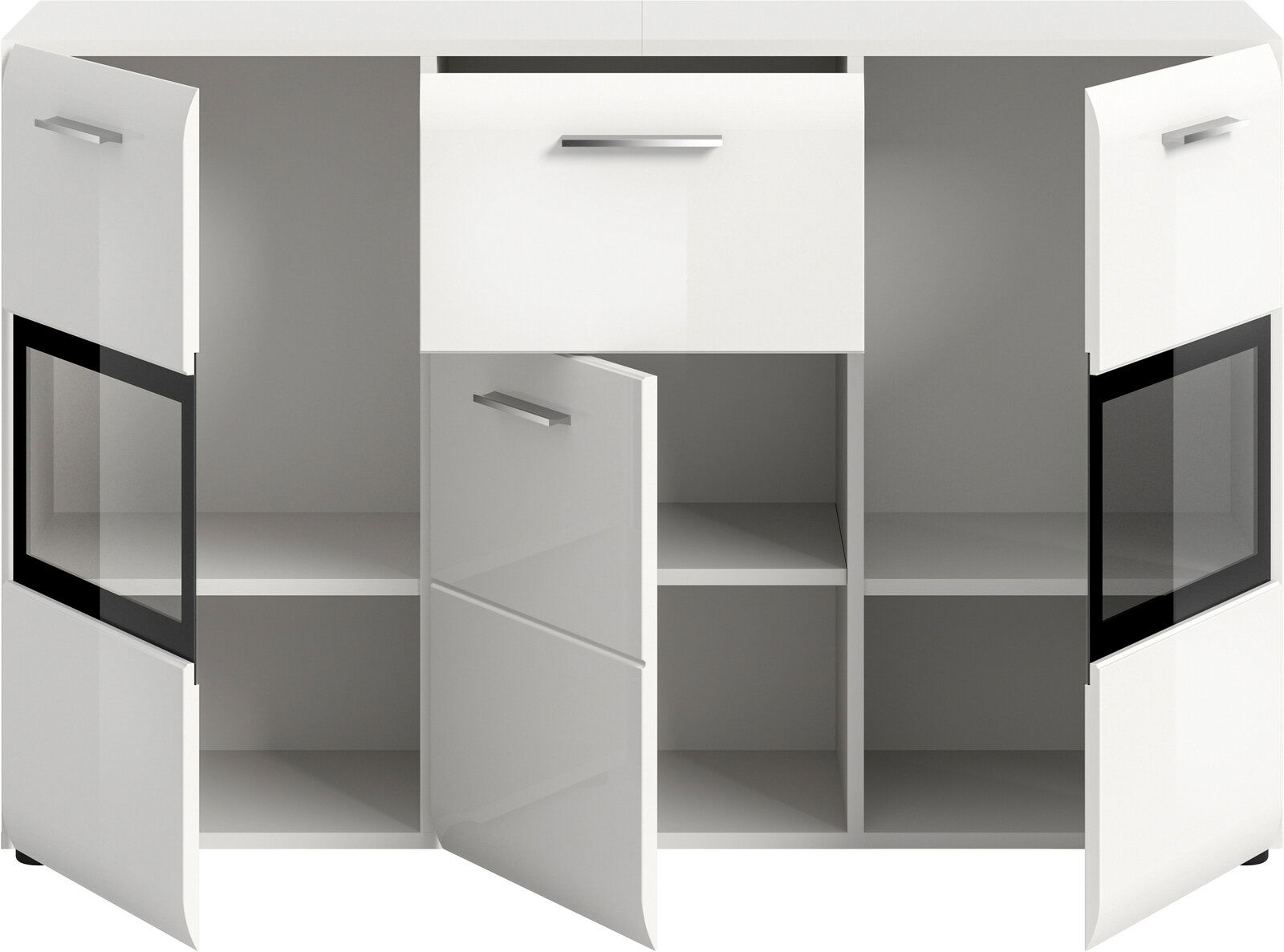 Weißer Schrank/Sideboard mit mehreren Fächern und Türen, mittlere Tür geöffnet, seitliche Glaseinsätze, Frontansicht in leichter Schrägperspektive von oben.