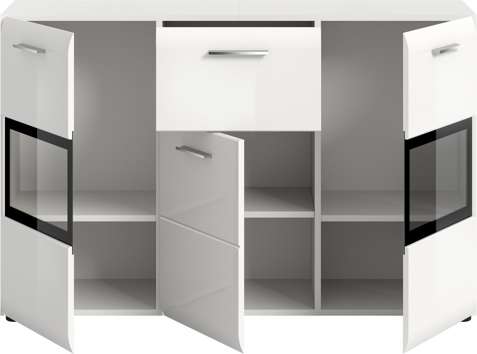 Weißer Schrank/Sideboard mit mehreren Fächern und Türen, mittlere Tür geöffnet, seitliche Glaseinsätze, Frontansicht in leichter Schrägperspektive von oben.