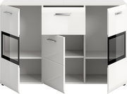 Weißer Schrank/Sideboard mit mehreren Fächern und Türen, mittlere Tür geöffnet, seitliche Glaseinsätze, Frontansicht in leichter Schrägperspektive von oben.