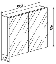 Technische Zeichnung eines Badezimmerspiegelschranks mit zwei Spiegeltüren, Maße ca. 600 mm Breite, 594 mm Höhe und 120 mm Tiefe, perspektivische Ansicht von vorne links