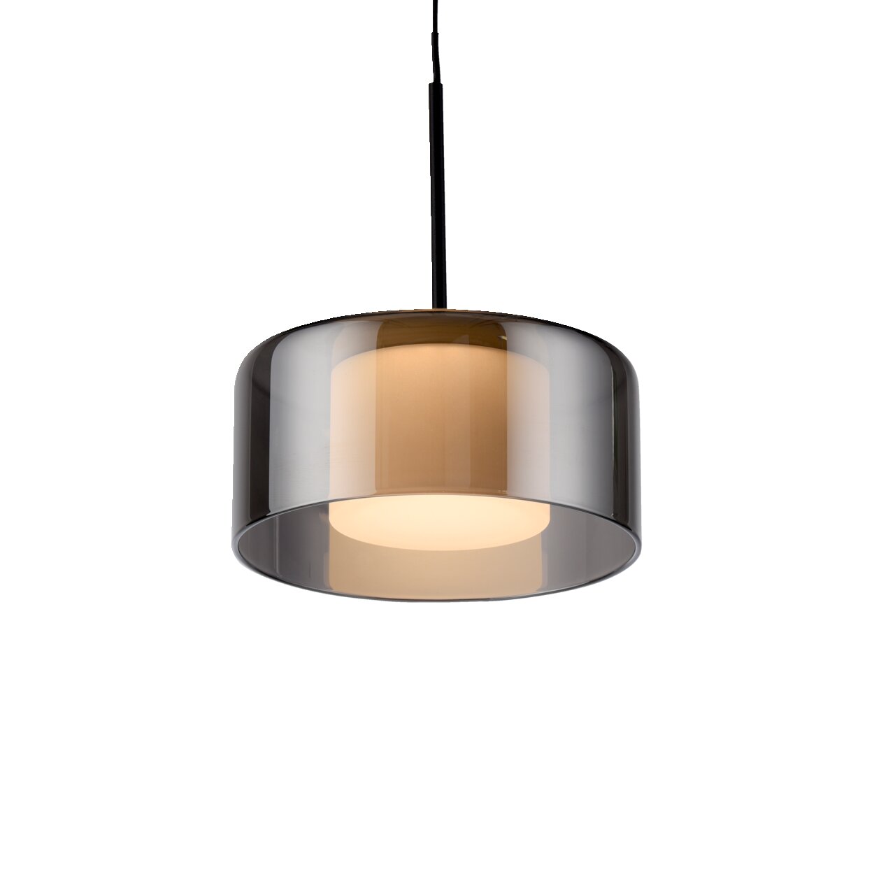 Moderne Pendelleuchte RIKA von Paul Neuhaus mit elegantem, rauchgrauem Glasschirm, seitliche Perspektive