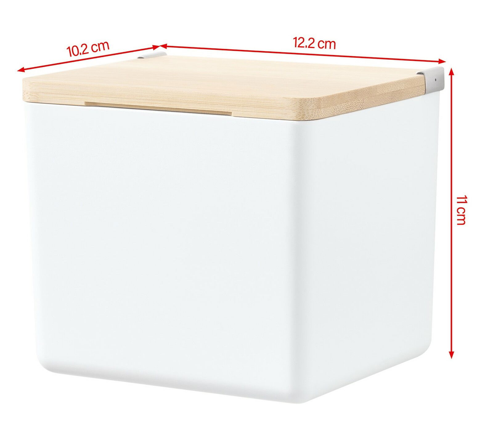 Weiße Aufbewahrungsbox mit Holzdeckel, seitliche Perspektive, Maße 12,2 cm x 10,2 cm x 11 cm