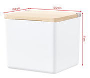 Weiße Aufbewahrungsbox mit Holzdeckel, seitliche Perspektive, Maße 12,2 cm x 10,2 cm x 11 cm