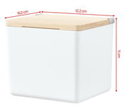 Weiße Aufbewahrungsbox mit Holzdeckel, seitliche Perspektive, Maße 12,2 cm x 10,2 cm x 11 cm
