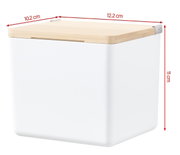 Weiße Aufbewahrungsbox mit Holzdeckel, seitliche Perspektive, Maße 12,2 cm x 10,2 cm x 11 cm