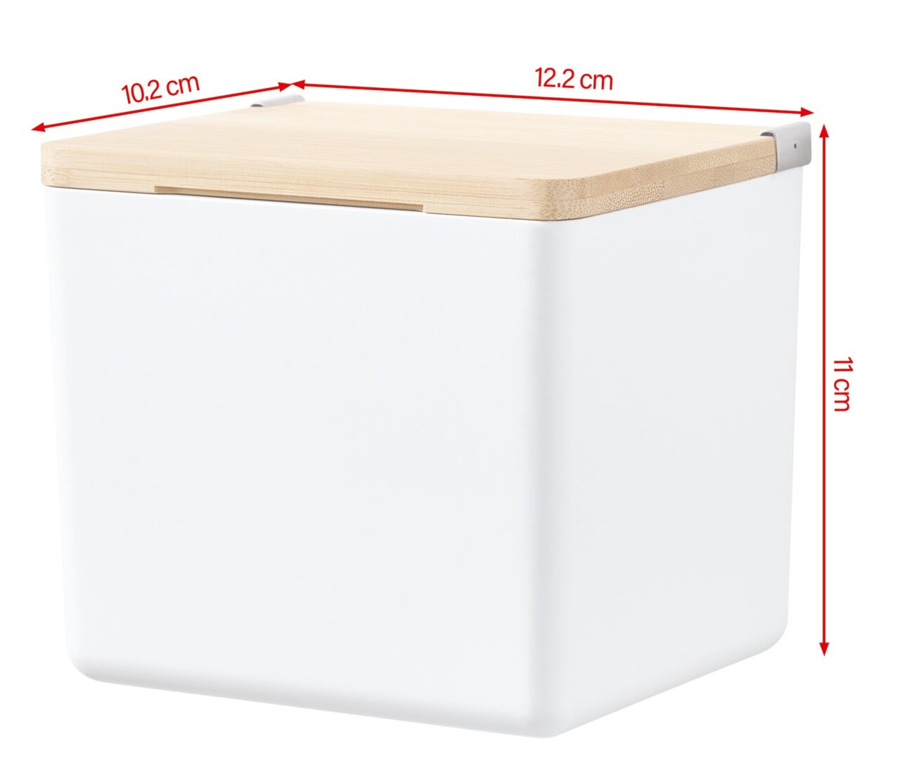Weiße Aufbewahrungsbox mit Holzdeckel, seitliche Perspektive, Maße 12,2 cm x 10,2 cm x 11 cm
