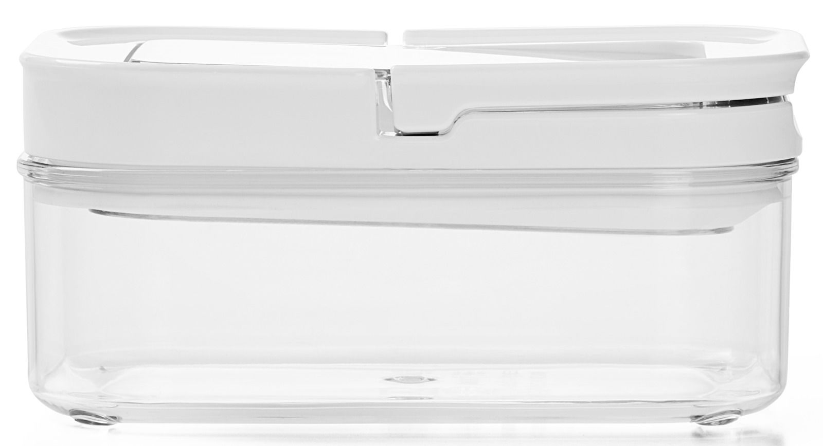 Transparente Vorratsdose mit weißem Deckel, seitliche Ansicht