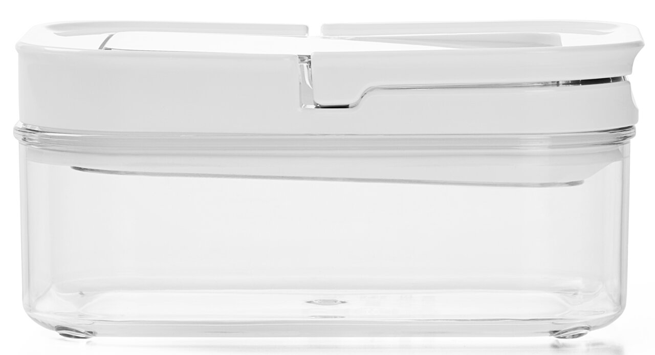 Transparente Vorratsdose mit weißem Deckel, seitliche Ansicht