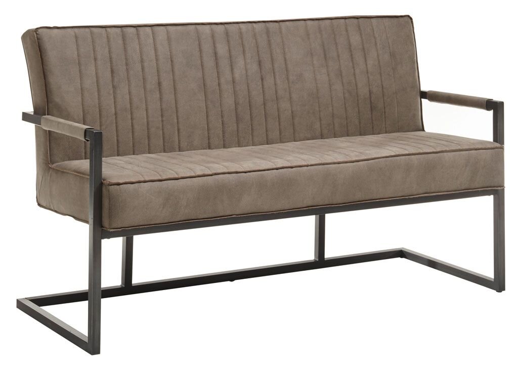 Moderne Bank mit Metallrahmen und gepolstertem Sitz in seitlicher Perspektive