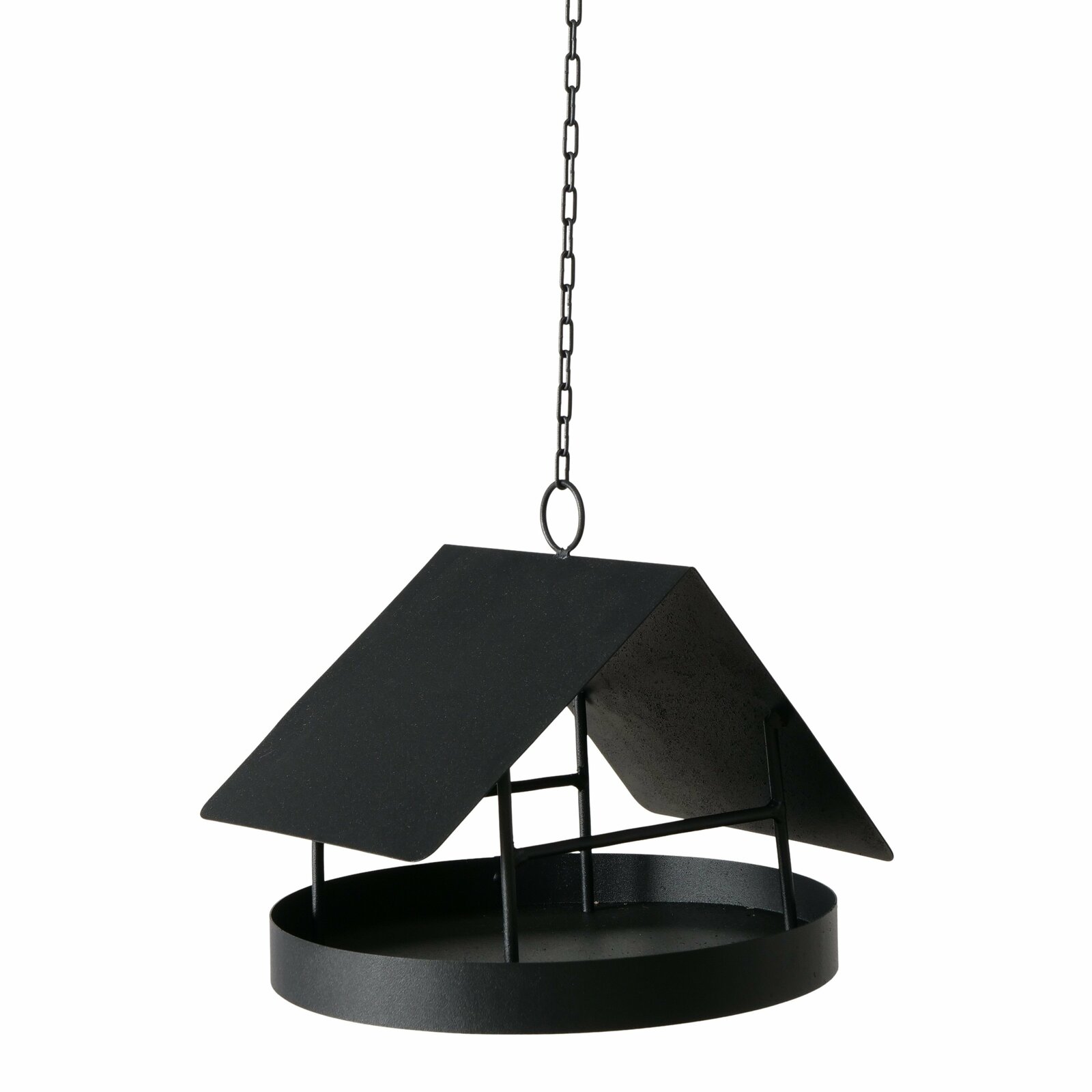 Vogelfutterstation Solto, H 22, aus schwarzem Metall, hängend an einer Kette, seitliche Perspektive