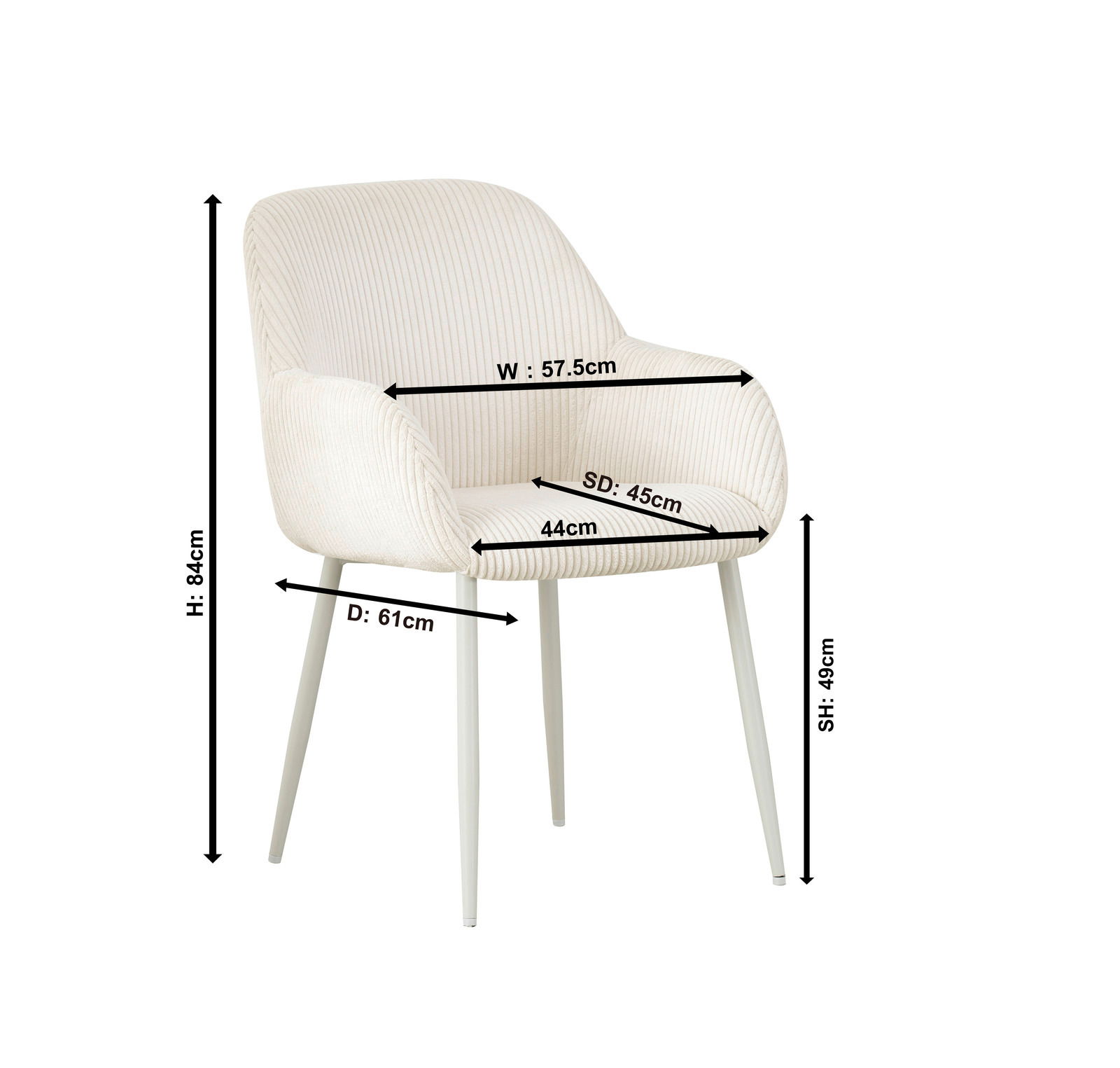 Armlehnstuhl in Seitenansicht mit cremefarbenem Stoffbezug und schlanken Metallbeinen, Maße: Höhe 84 cm, Breite 57,5 cm, Tiefe 61 cm