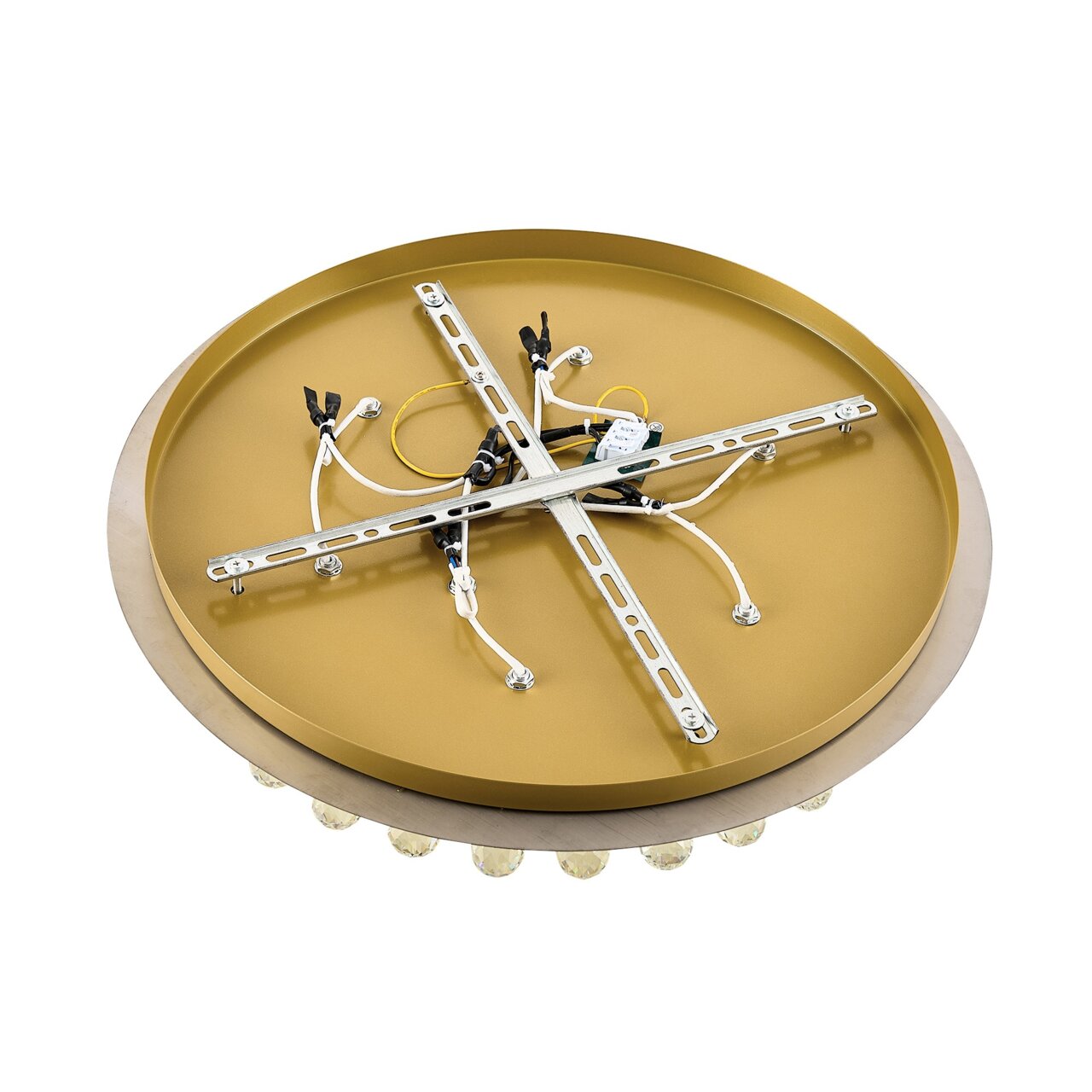 Rückansicht einer runden Deckenleuchte mit goldener Basis und sichtbaren Kabeln und Halterungen.