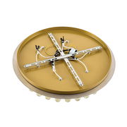 Rückansicht einer runden Deckenleuchte mit goldener Basis und sichtbaren Kabeln und Halterungen.