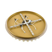 Rückansicht einer runden Deckenleuchte mit goldener Basis und sichtbaren Kabeln und Halterungen.