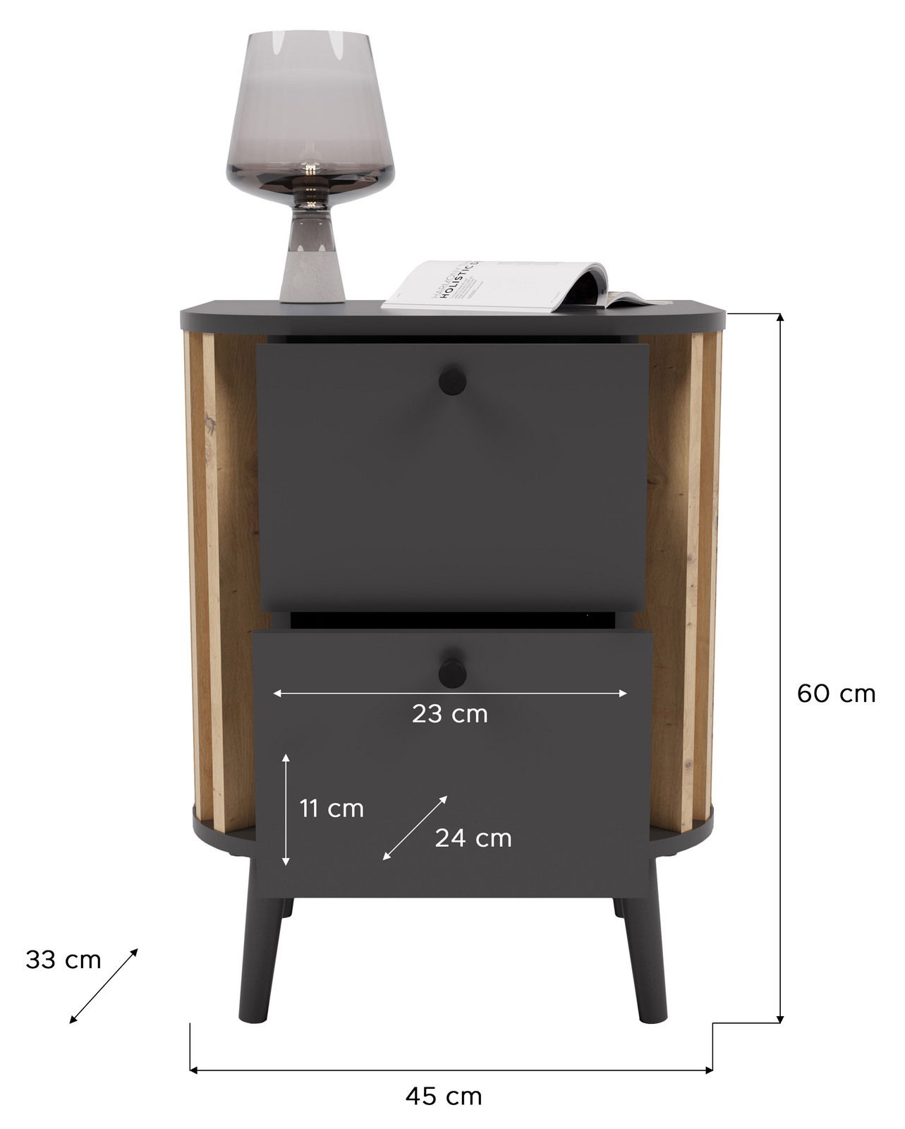 Nachtkommode in dunklem Design mit zwei Schubladen, einer Lampe und einem Buch darauf, frontal abgebildet.