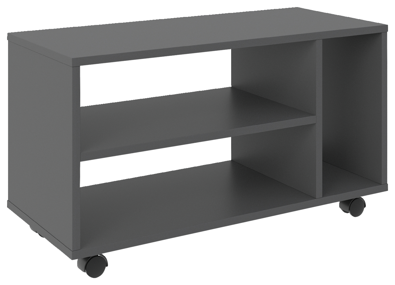 Schwarzer TV-Rollwagen mit zwei offenen Regalfächern und Rollen, seitliche Perspektive