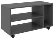 Schwarzer TV-Rollwagen mit zwei offenen Regalfächern und Rollen, seitliche Perspektive