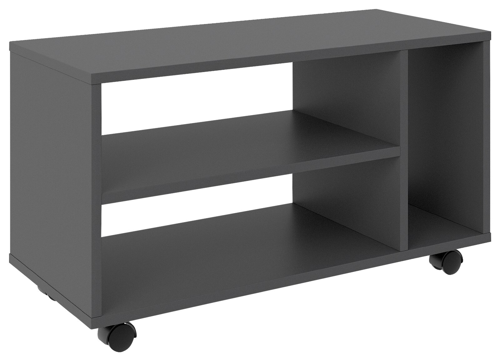 Schwarzer TV-Rollwagen mit zwei offenen Regalfächern und Rollen, seitliche Perspektive