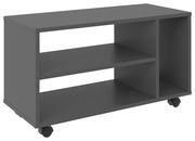Schwarzer TV-Rollwagen mit zwei offenen Regalfächern und Rollen, seitliche Perspektive