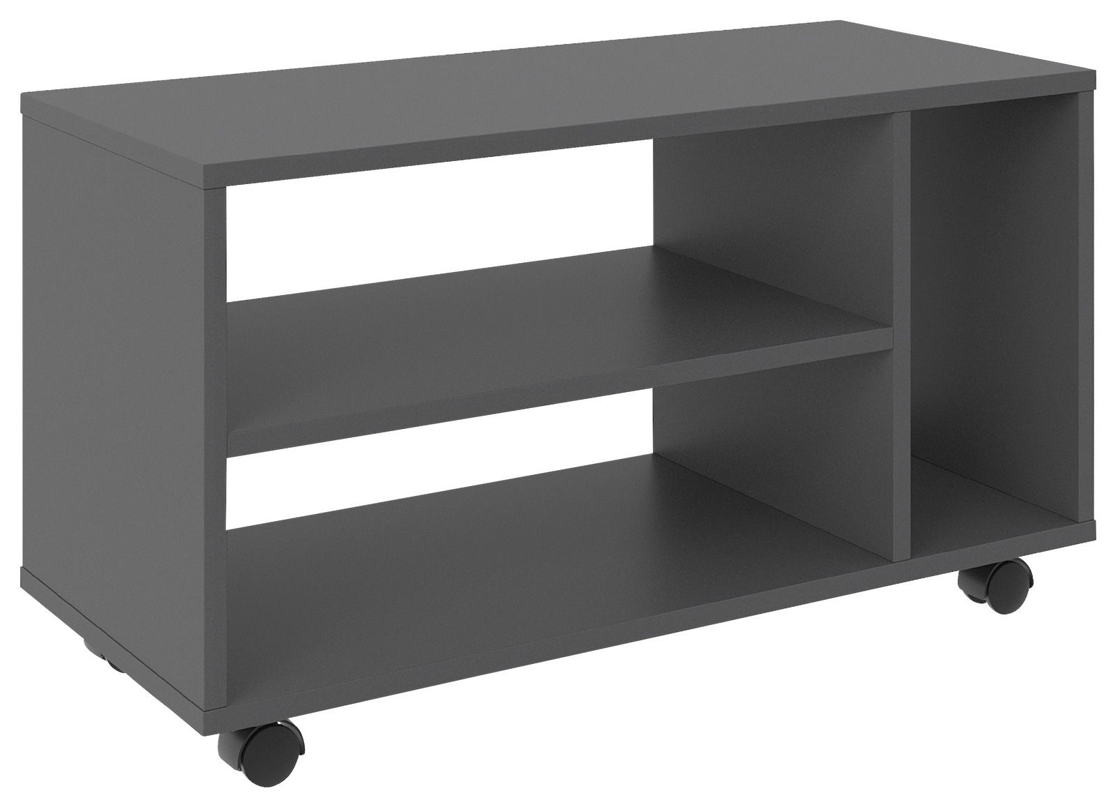 Schwarzer TV-Rollwagen mit zwei offenen Regalfächern und Rollen, seitliche Perspektive