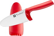 Rotes Kinderkochmesser mit 10 cm Klinge und passender Schutzhülle, seitliche Ansicht