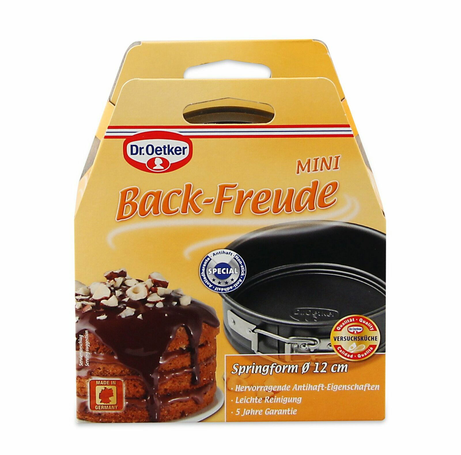 Verpackung der Dr. Oetker Mini Back-Freude Springform 12 cm, Vorderansicht mit Bild einer Schokoladentorte und der Springform.