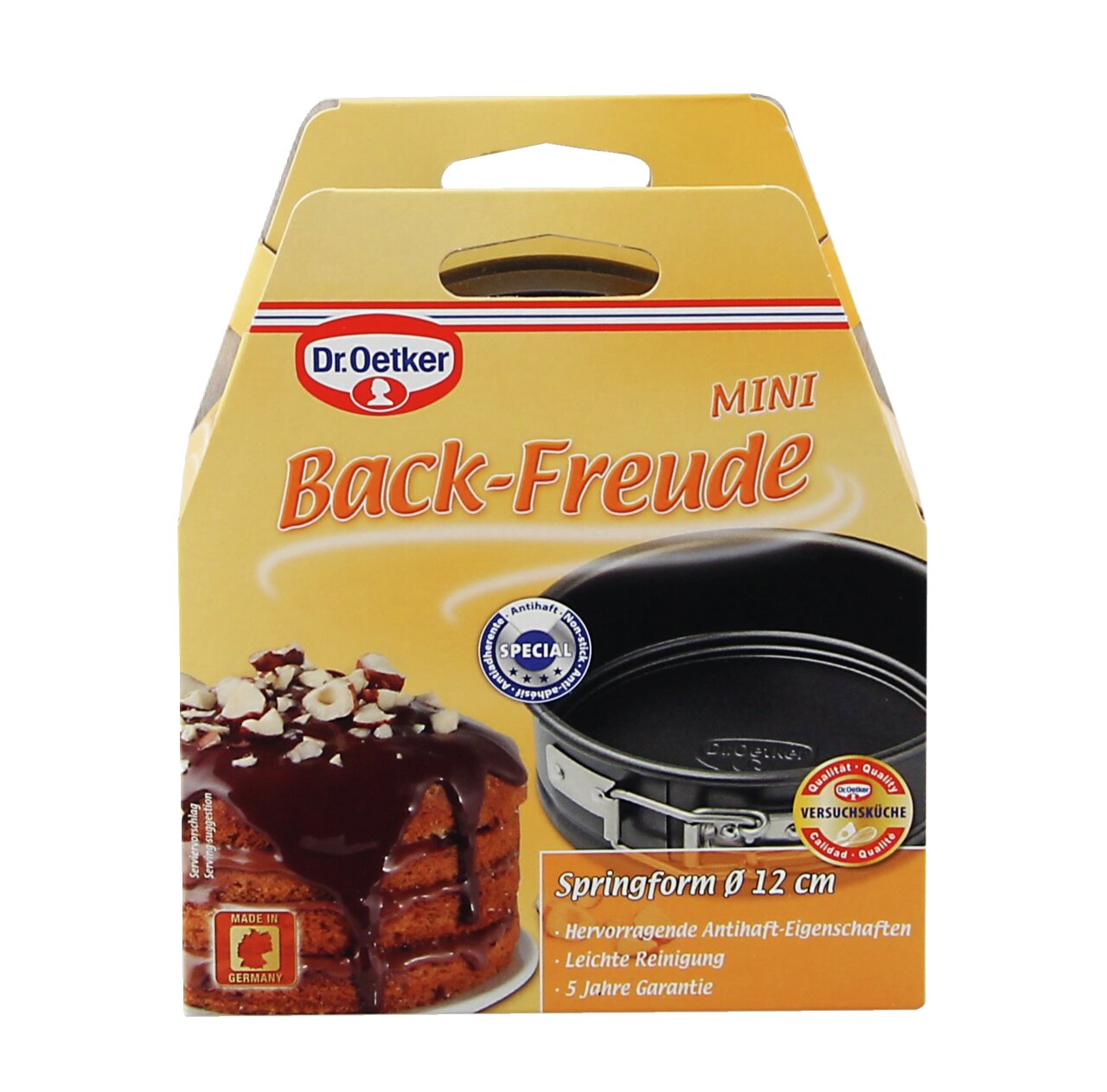 Verpackung der Dr. Oetker Mini Back-Freude Springform 12 cm, Vorderansicht mit Bild einer Schokoladentorte und der Springform.