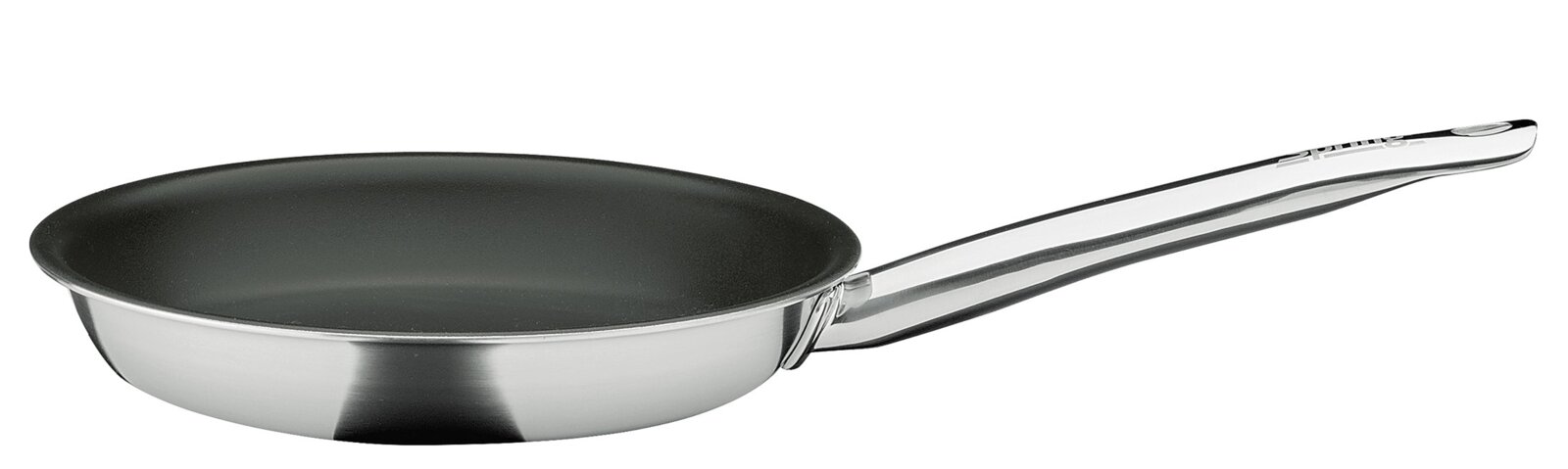 Spring Koekenpan 32 cm BRIGADE ULTIMATE Roestvrijstalen koekenpan met zwarte antiaanbaklaag en lange metalen handgreep, zijaanzicht op witte achtergrond