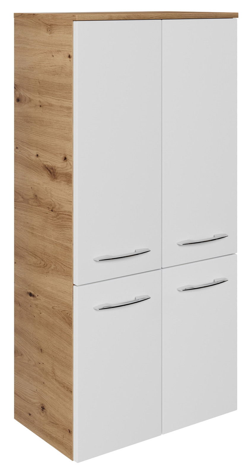 Sadena Midischrank PLAKA Midischrank mit Holzoptik an der Seite und weißen Türen, perspektivisch von vorne links betrachtet