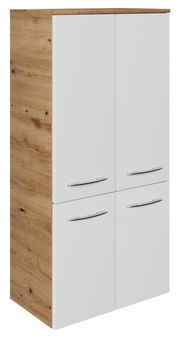 Midischrank mit Holzoptik an der Seite und weißen Türen, perspektivisch von vorne links betrachtet