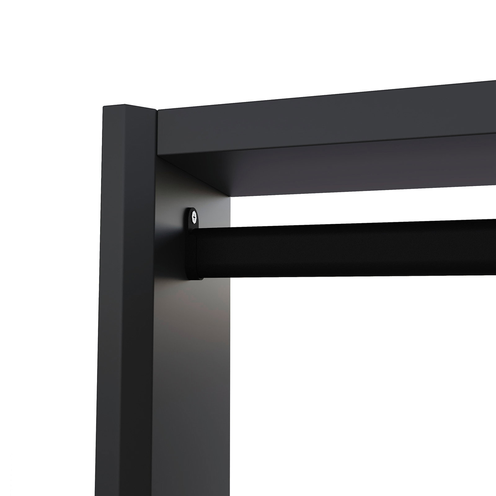 Nahaufnahme einer schwarzen Kompaktgarderobe mit stabilem Metallrahmen und Kleiderstange, seitliche Perspektive