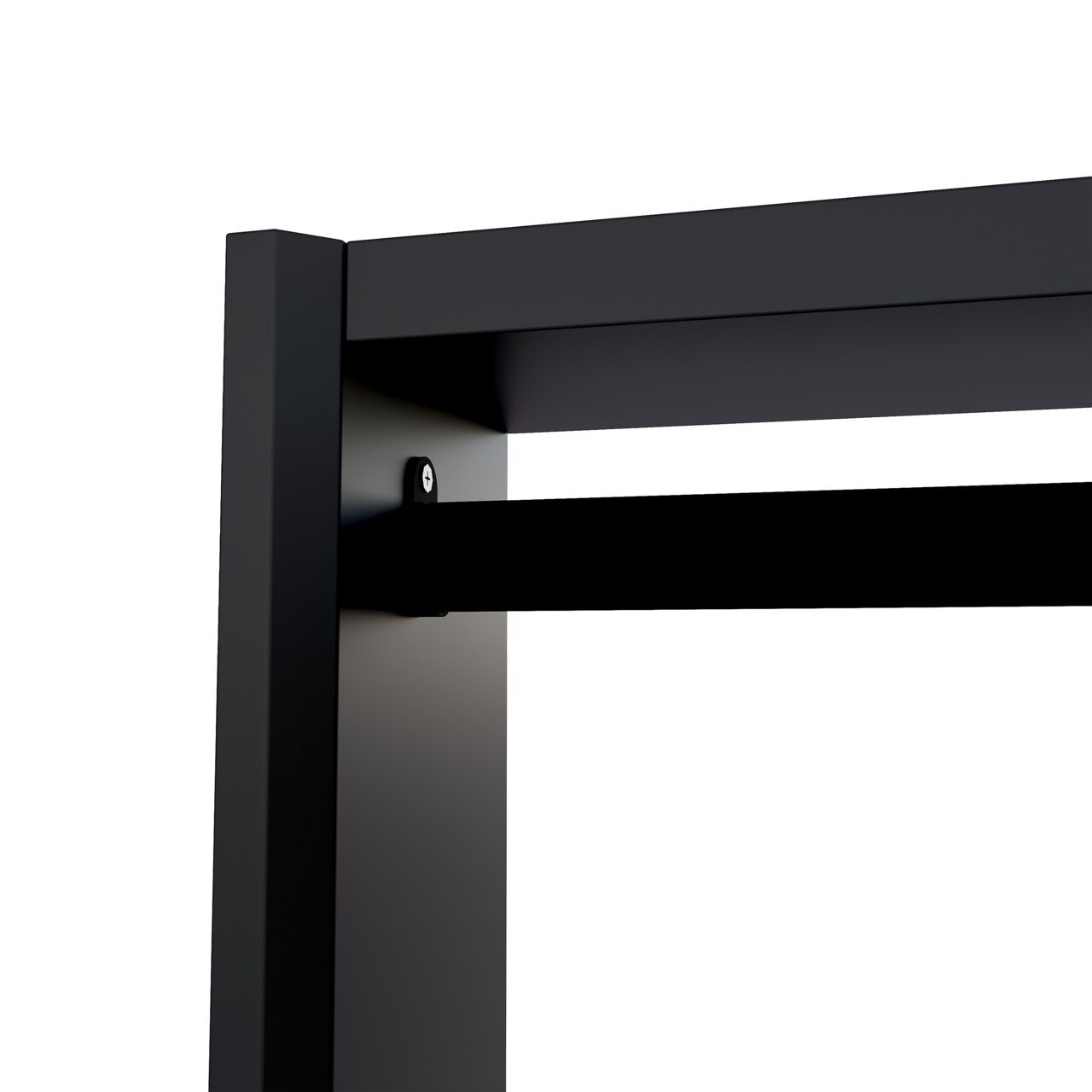 Close-up van een zwarte compacte kledingkast met een stevig metalen frame en een kledingstang, gezien vanaf de zijkant
