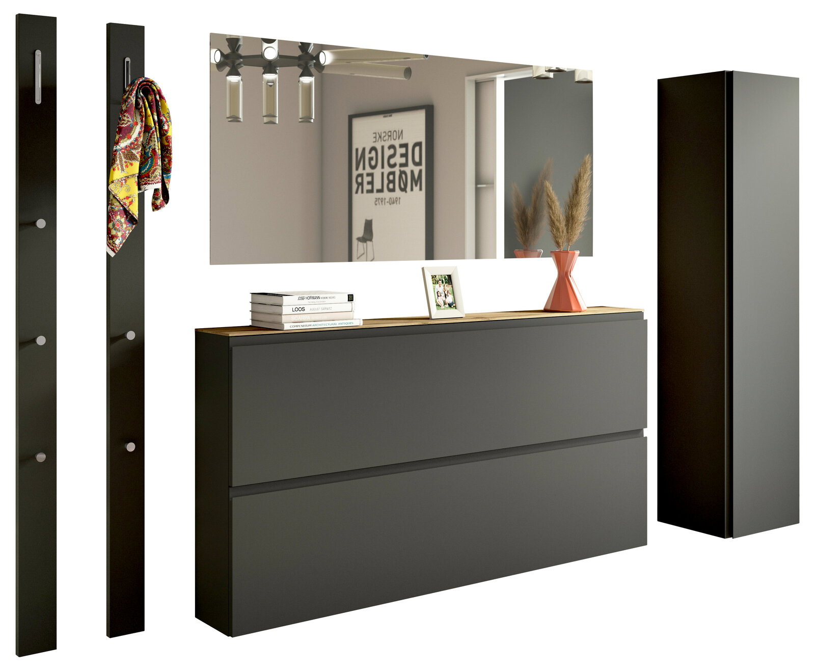 Moderano Garderoben-Set LECCO Modernes Garderobenset mit Spiegel, zwei Wandpaneelen mit Haken, einem großen Schrank und einer Kommode in dunklem Design, seitliche Perspektive.