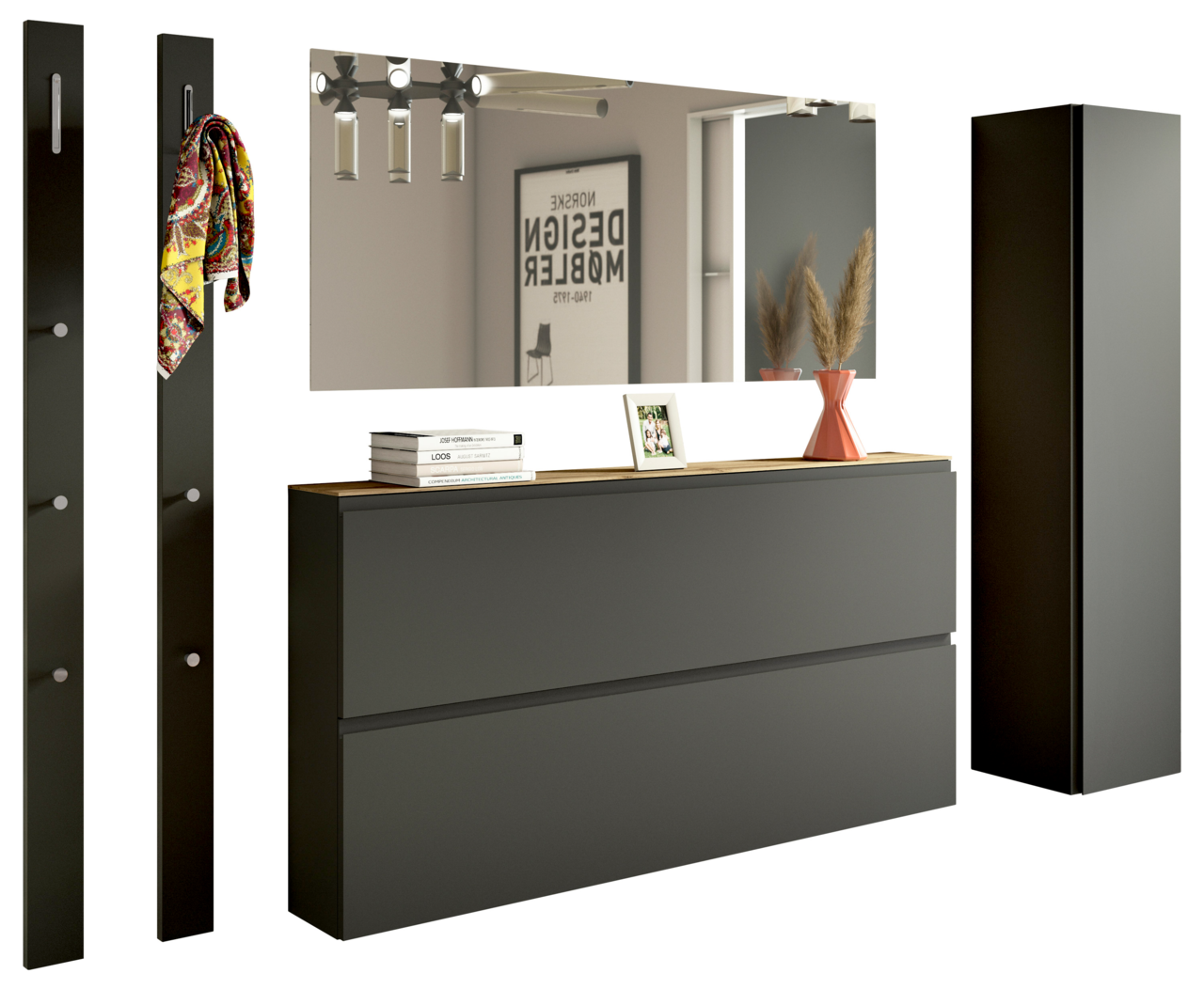 Modernes Garderobenset mit Spiegel, zwei Wandpaneelen mit Haken, einem großen Schrank und einer Kommode in dunklem Design, seitliche Perspektive.